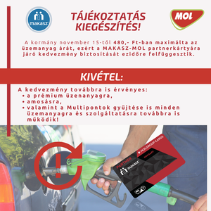 MAKASZ-MOL partnerkártya: pár kivételtől eltekintve a MOL nem biztosítja a kedvezményt a hatósági üzemanyagár mellett