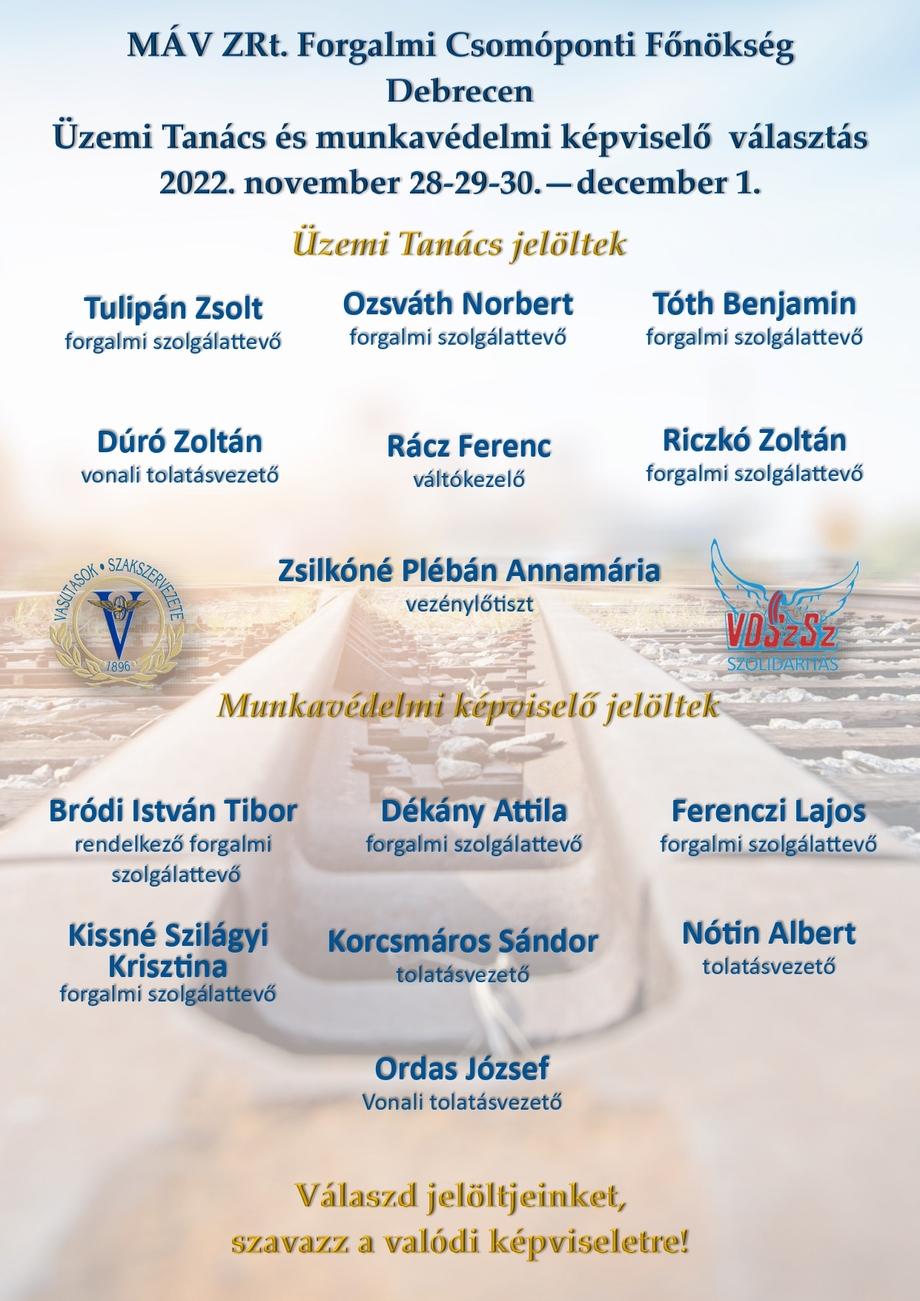 Debrecen Forgalmi Csomóponti Főnökség: ÜT- és munkavédelmi képviselő-választások november 28. és december 1. között!